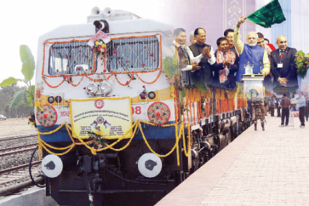 India Prime Minister Shri Narendra Modi flagging off the first passenger train from North Garo Hills Mendipather (Meghalaya) to capital of Guwahati (Assam) in Mendipather Station on 29-11-14.